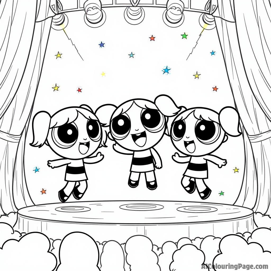 The Powerpuff Girls performing on stage, singing and dancing, with a cheering audience and colorful lights illuminating the scene