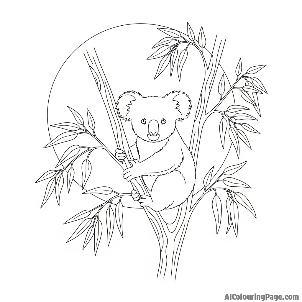 The silhouette of a koala in a eucalyptus tree against a full moon.