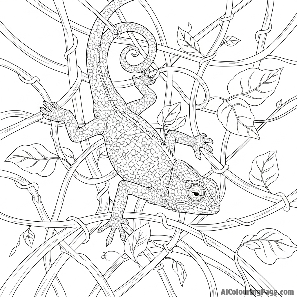 A lizard navigating a complex network of vines.