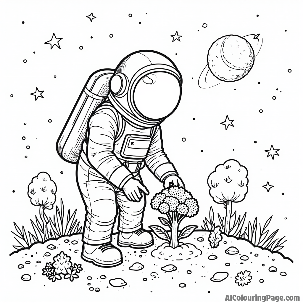 A broccoli astronaut planting a garden on the moon, with stars and planets shining brightly in the cosmic background.