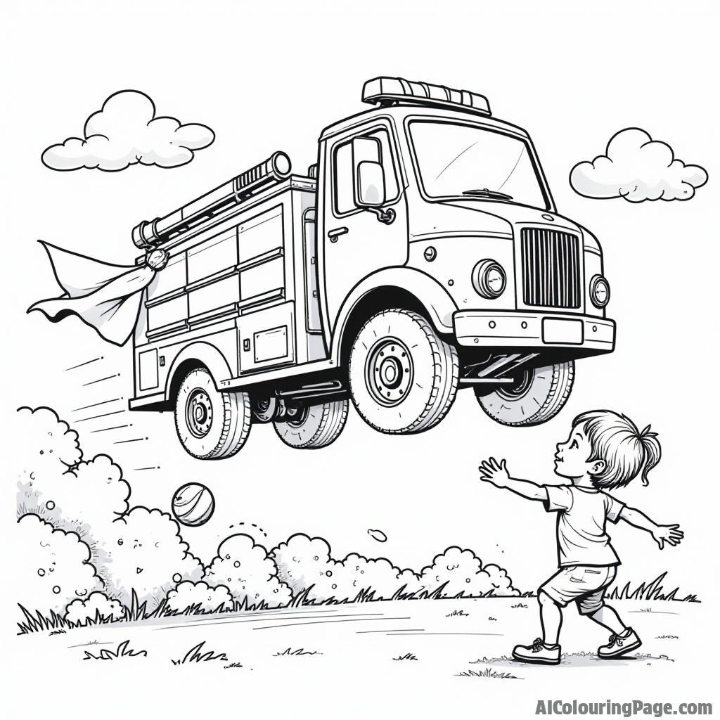 A fire truck zooming through the air with a superhero cape while children play catch below, encouraging imaginative coloring and creativity for kids.