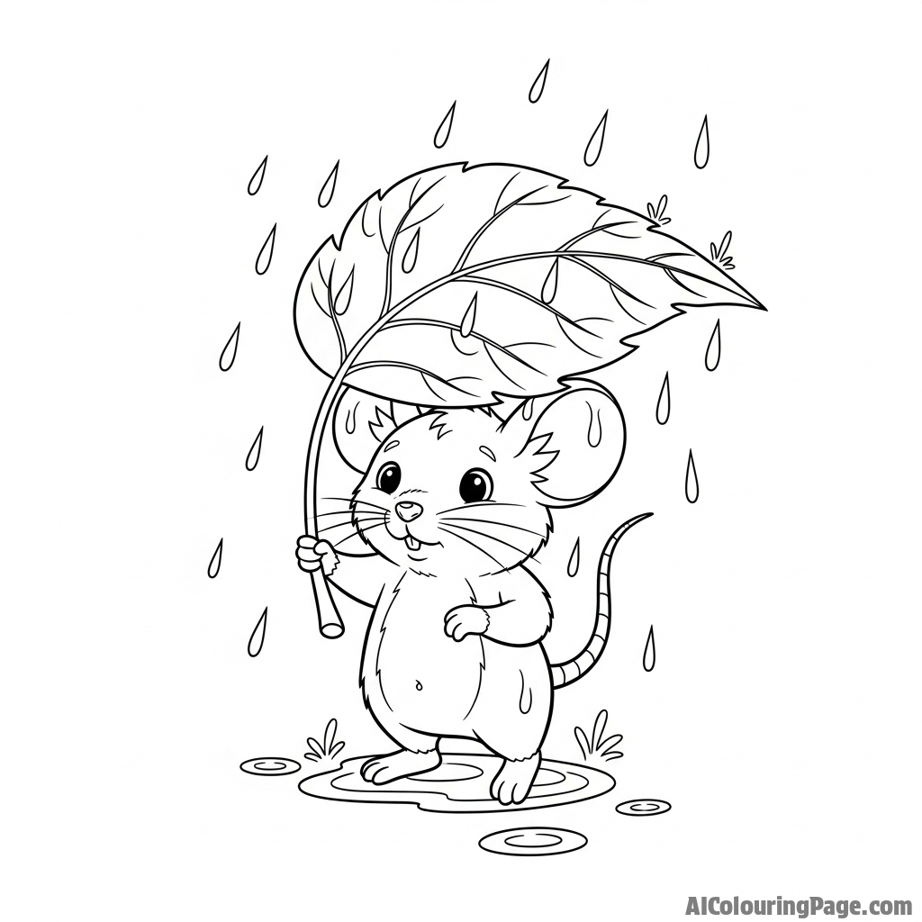 A whimsical illustration of a mouse using a large leaf as an umbrella in a downpour.