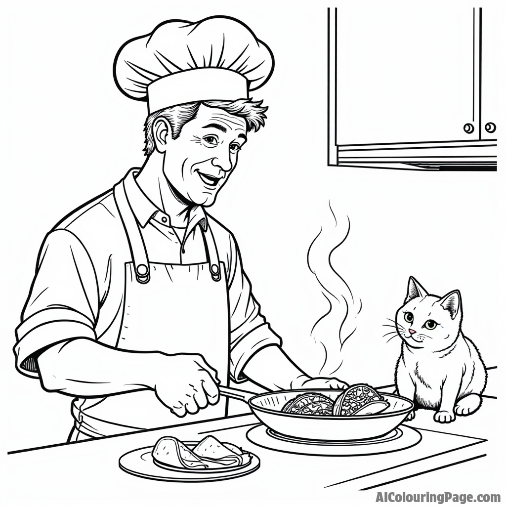 A taco chef in a kitchen, flipping tacos in a frying pan while a cat watches curiously from the counter.