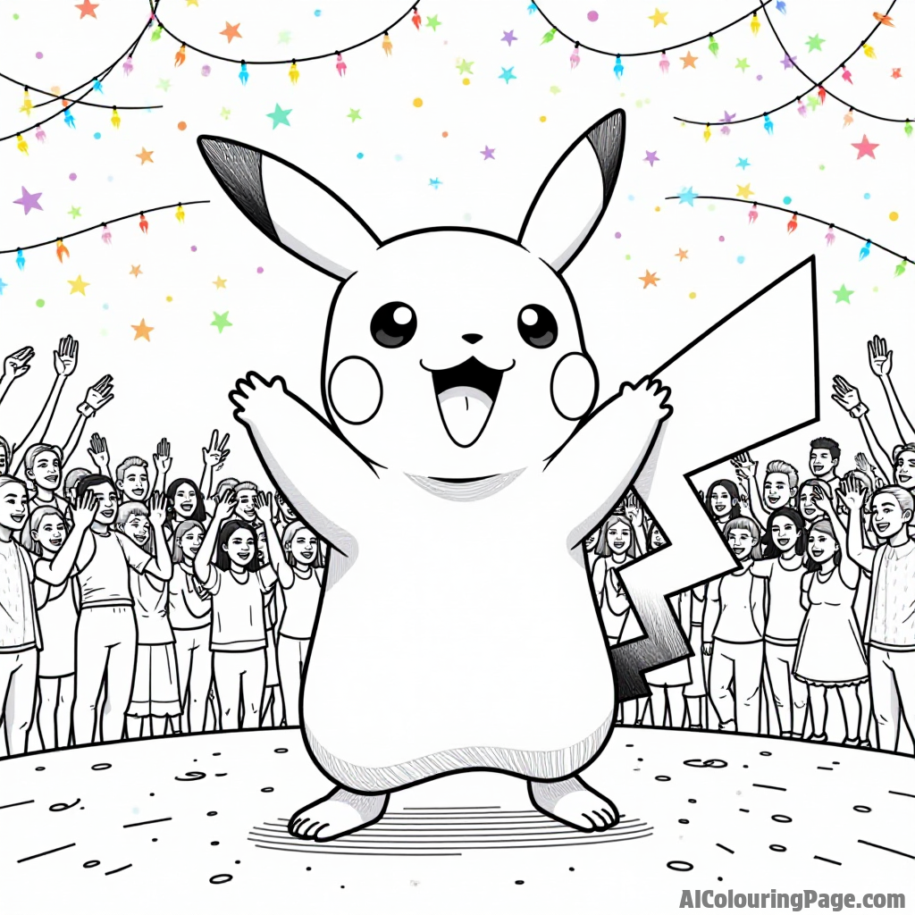 Pikachu dancing at a music festival with colorful lights and a cheering crowd around