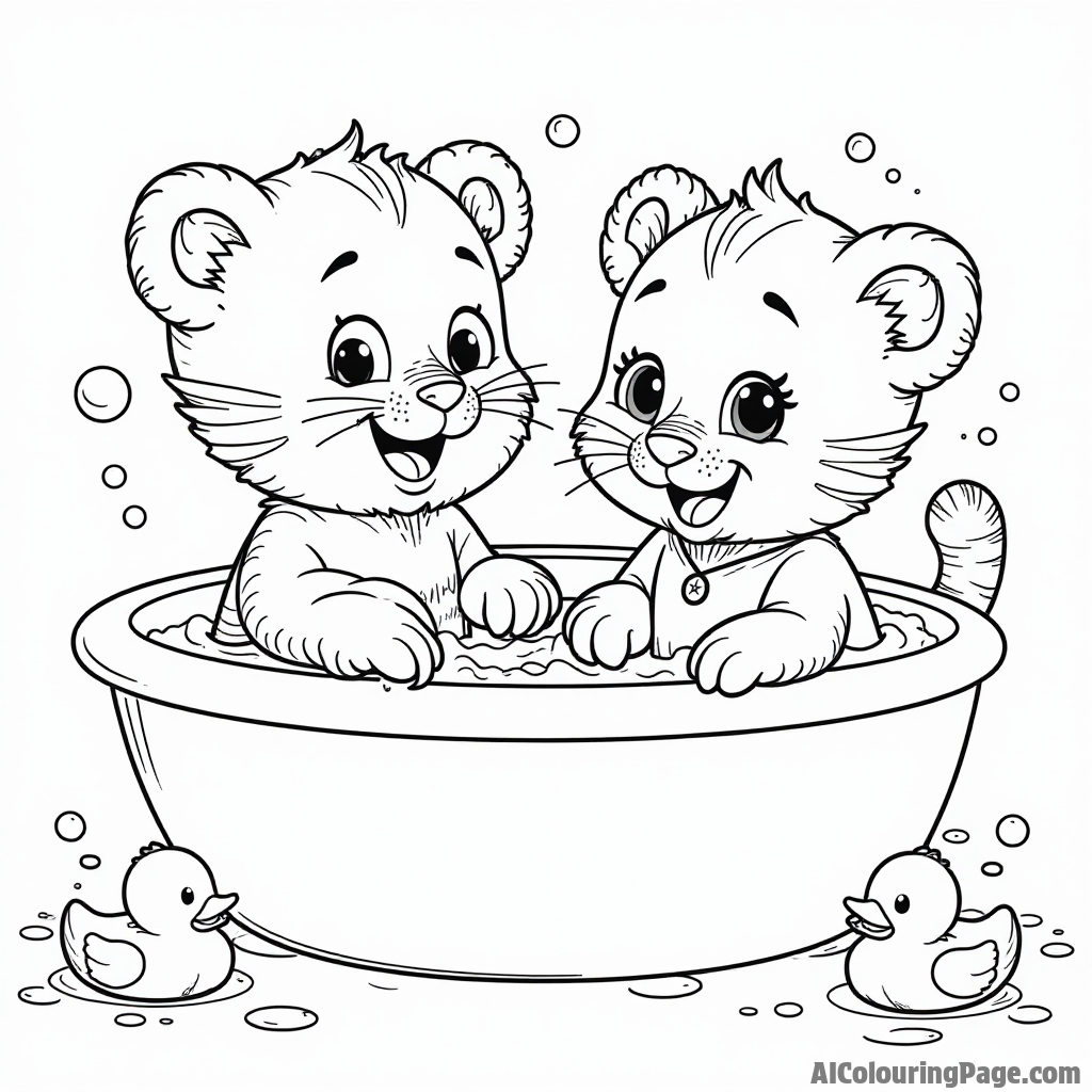 Daniel Tiger and Katerina Kittycat having a fun bubble bath with colorful rubber ducks, bubbles, and splashes everywhere.