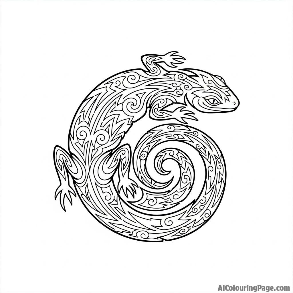 A stylized, tribal tattoo design of a coiled lizard.