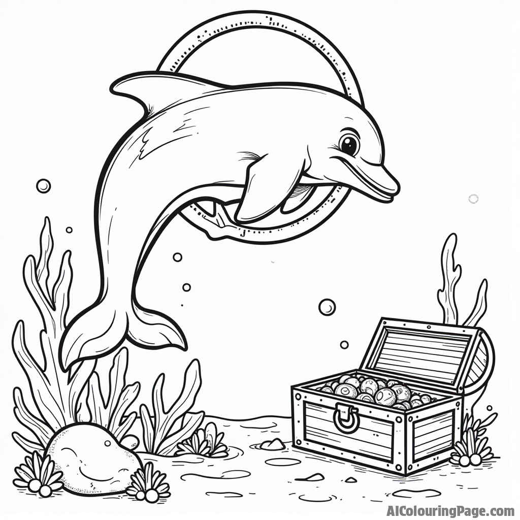 A friendly dolphin jumping through a hoop above the water, with a sunken treasure chest and coral reef below, creating a fun and adventurous scene for children to color.