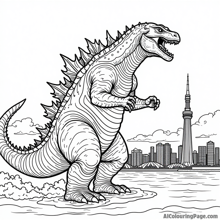 Godzilla roaring at Tokyo skyline