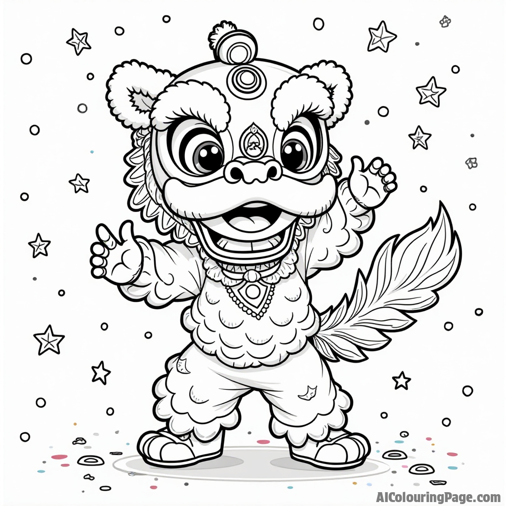 A child dressed as a lion, performing a lion dance with friends, surrounded by colorful confetti and decorations, emphasizing joy and teamwork during the Chinese New Year festivities for coloring fun.