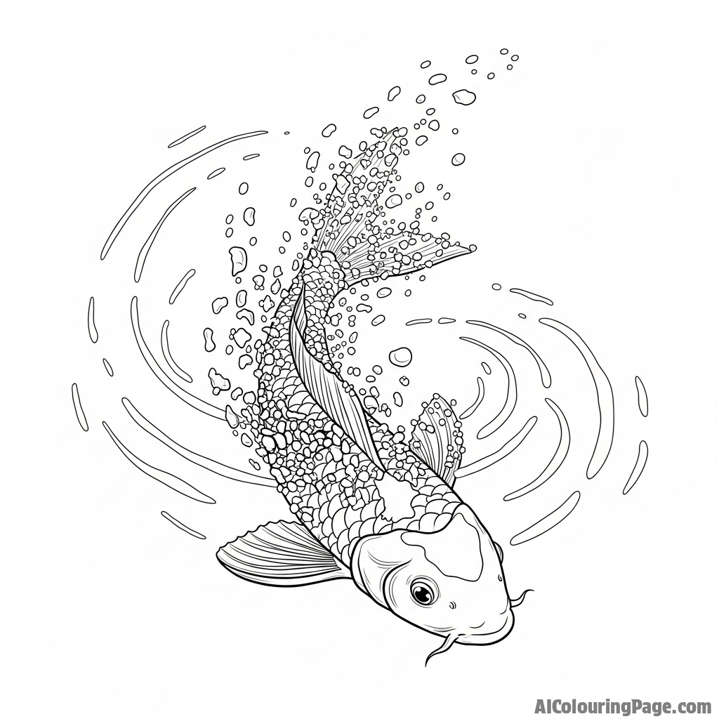 A digital art piece showing a koi fish dissolving into a swirl of luminous particles.