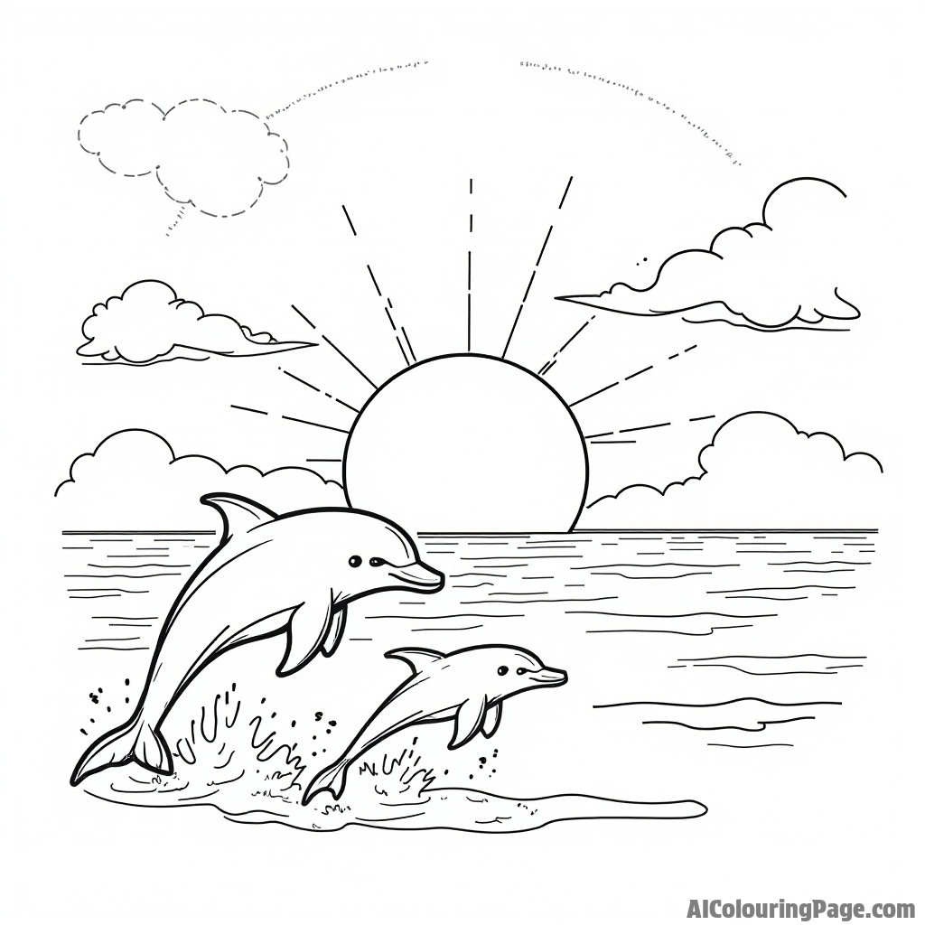 A beautiful sunset backdrop with the ark silhouetted against the sky, featuring a pair of dolphins jumping joyfully.