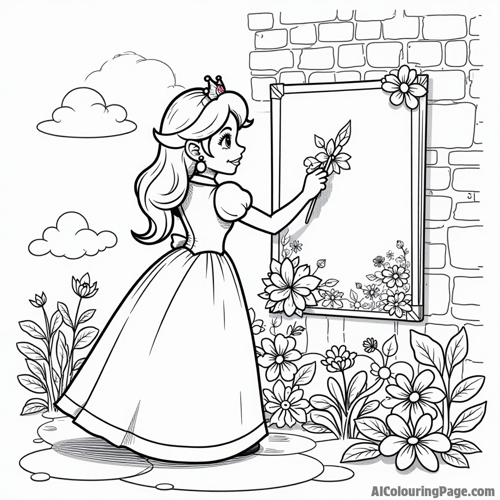 Princess Peach painting a mural on a castle wall with flowers and cheerful colors.