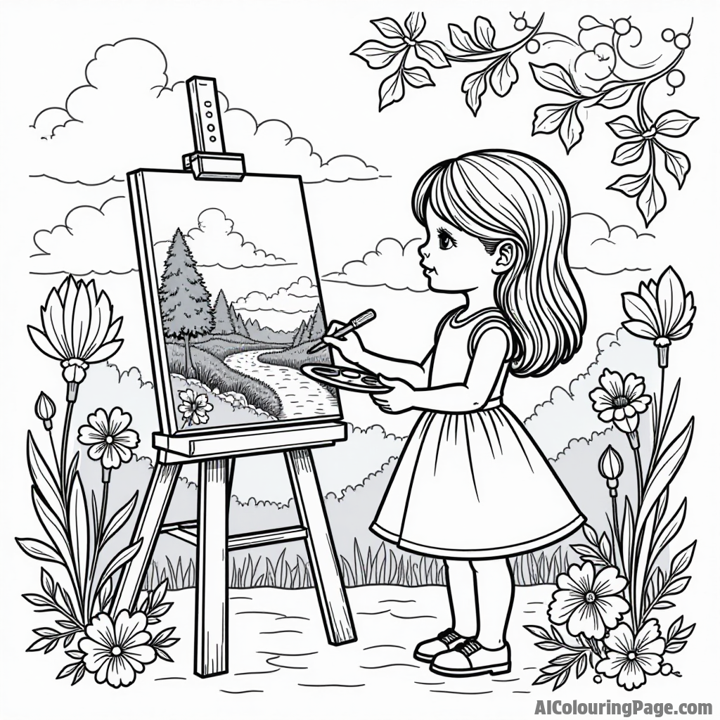 A doll painting a beautiful landscape on an easel, with a palette in hand and a serene garden full of flowers.