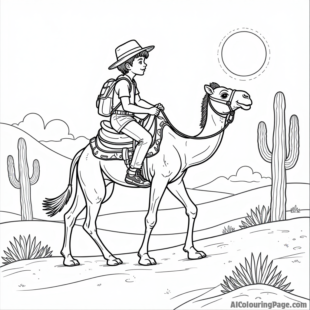 A young adventurer riding a camel across the sandy dunes, with a backdrop of tall cacti and a shining sun, showcasing the spirit of discovery in a desert landscape for coloring fun.