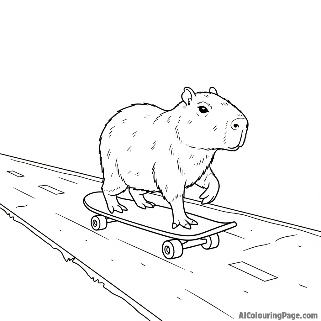 A capybara on a tiny skateboard, rolling down a paved path.