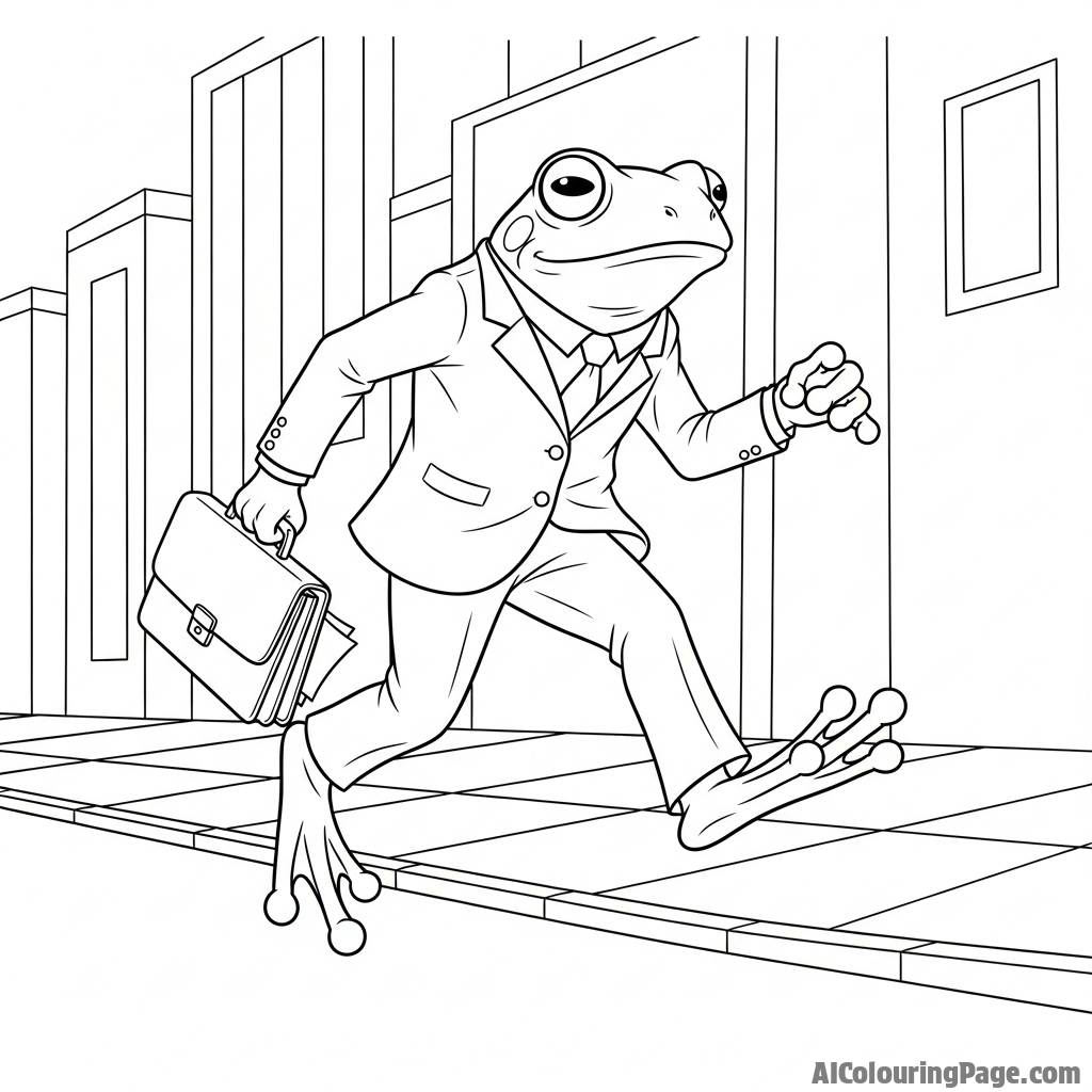 A frog in a business suit, carrying a briefcase and hopping down a city street.