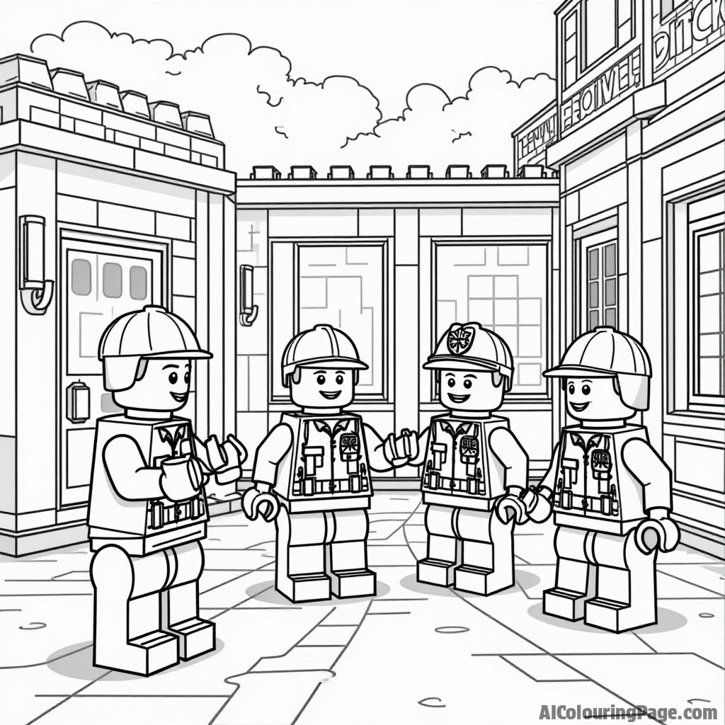 A Lego police station rescue scene with officers helping Lego citizens, showcasing teamwork and community, perfect for kids to color and learn about helping others.