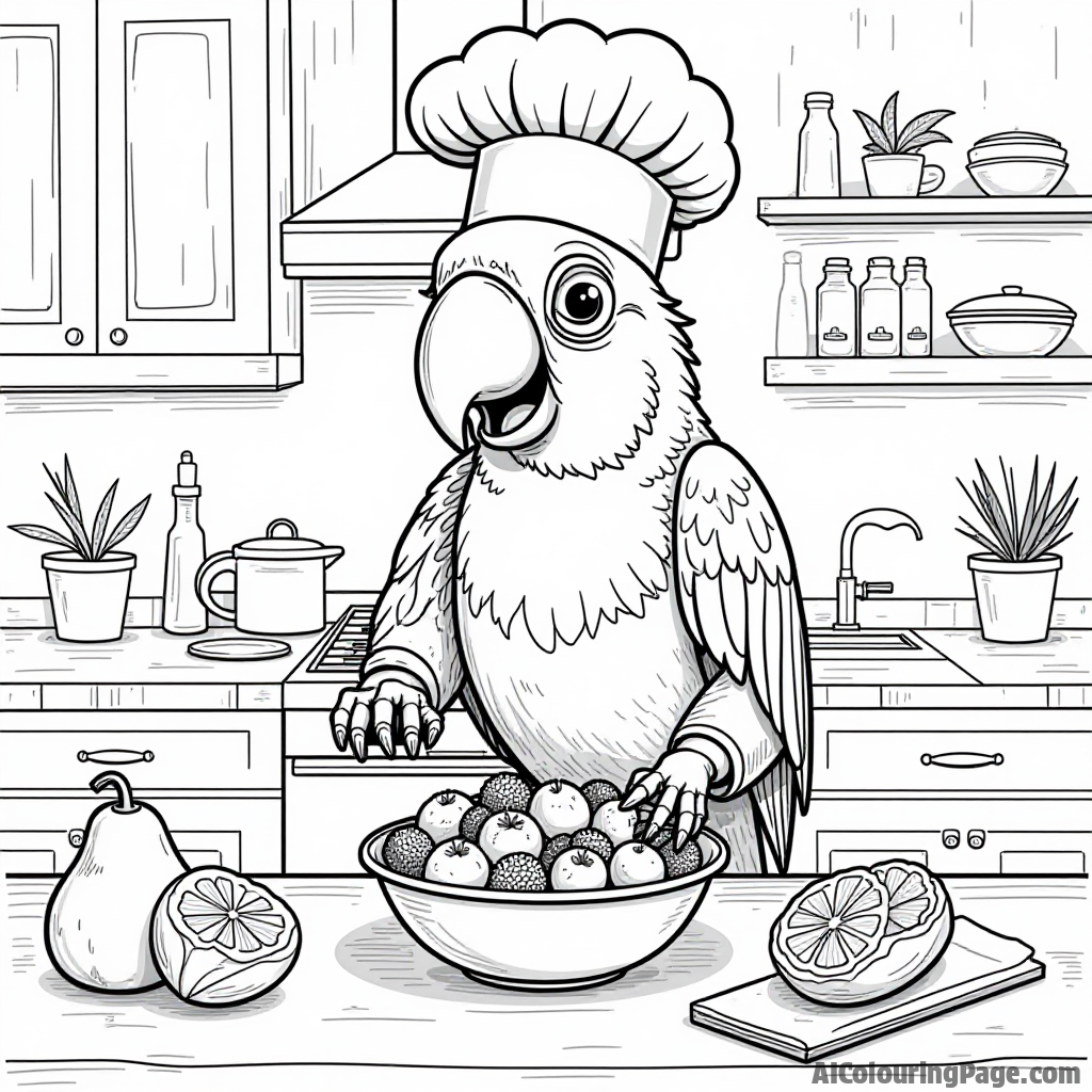 A parrot chef preparing a fruit salad in a whimsical kitchen filled with colorful utensils and ingredients