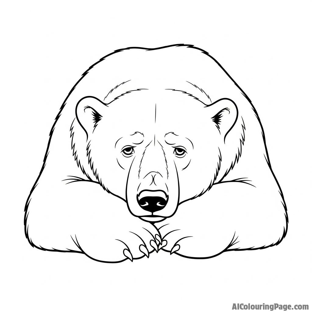 A weary polar bear resting its head on its paws at the end of a long day.