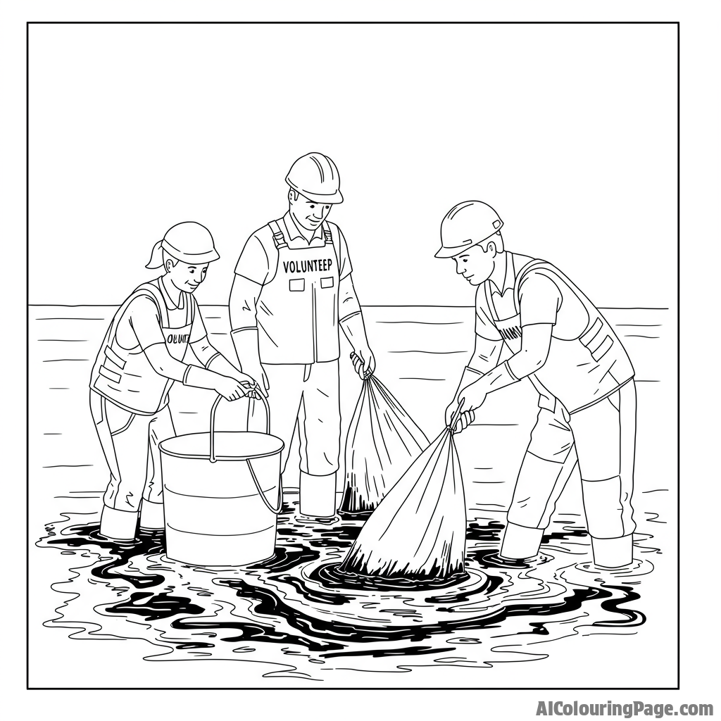 Volunteers cleaning up an oil spill in the ocean.