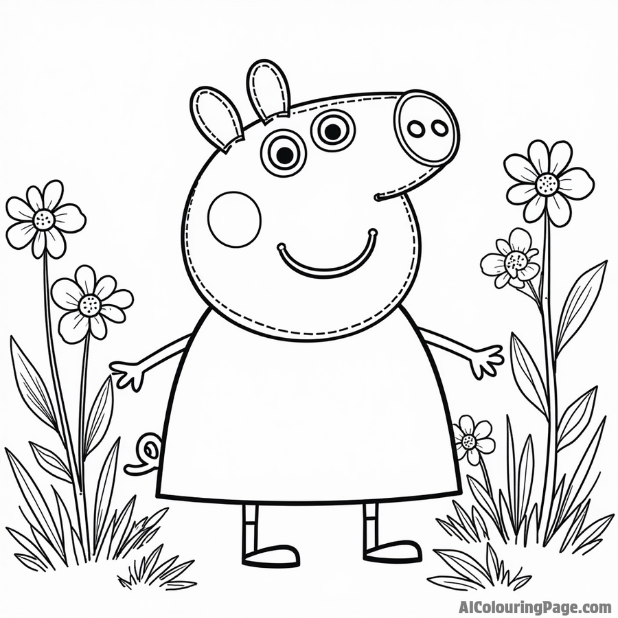 Peppa Pig in a garden with flowers