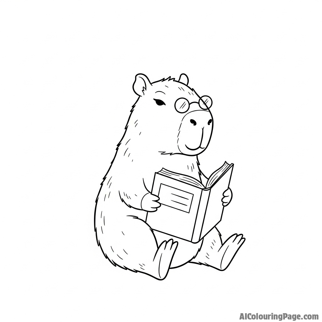 A whimsical illustration of a capybara reading a book with tiny spectacles.