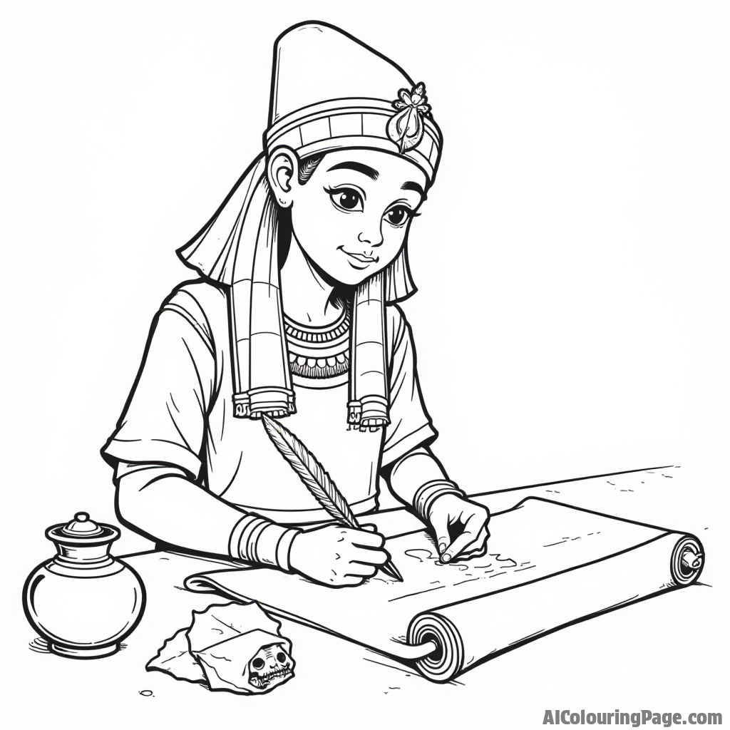 A wise ancient Egyptian scribe writing on a papyrus scroll with a quill, surrounded by scrolls and ink pots, encouraging kids to learn about writing and communication in ancient Egypt.