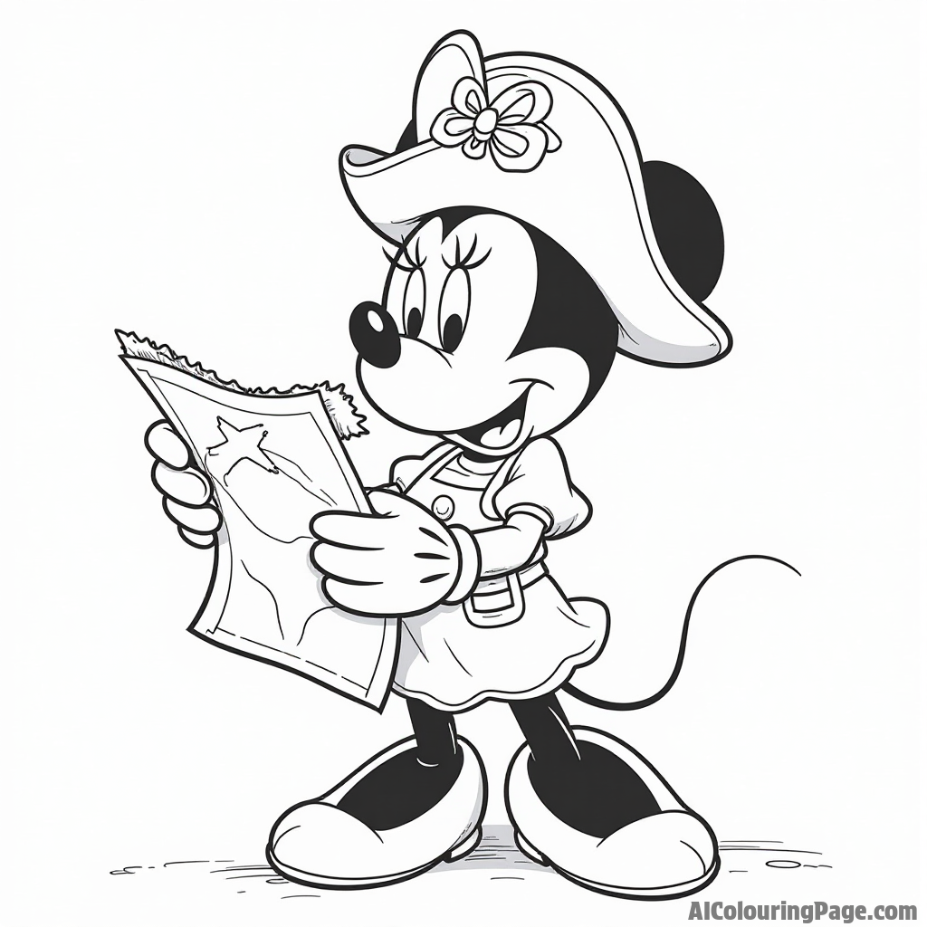 Minnie Mouse going on a treasure hunt, with a treasure map, compass, and a pirate hat on her head