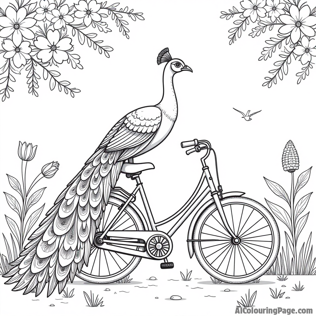 A peacock sitting on a bicycle, riding through a park filled with blooming flowers and chirping birds