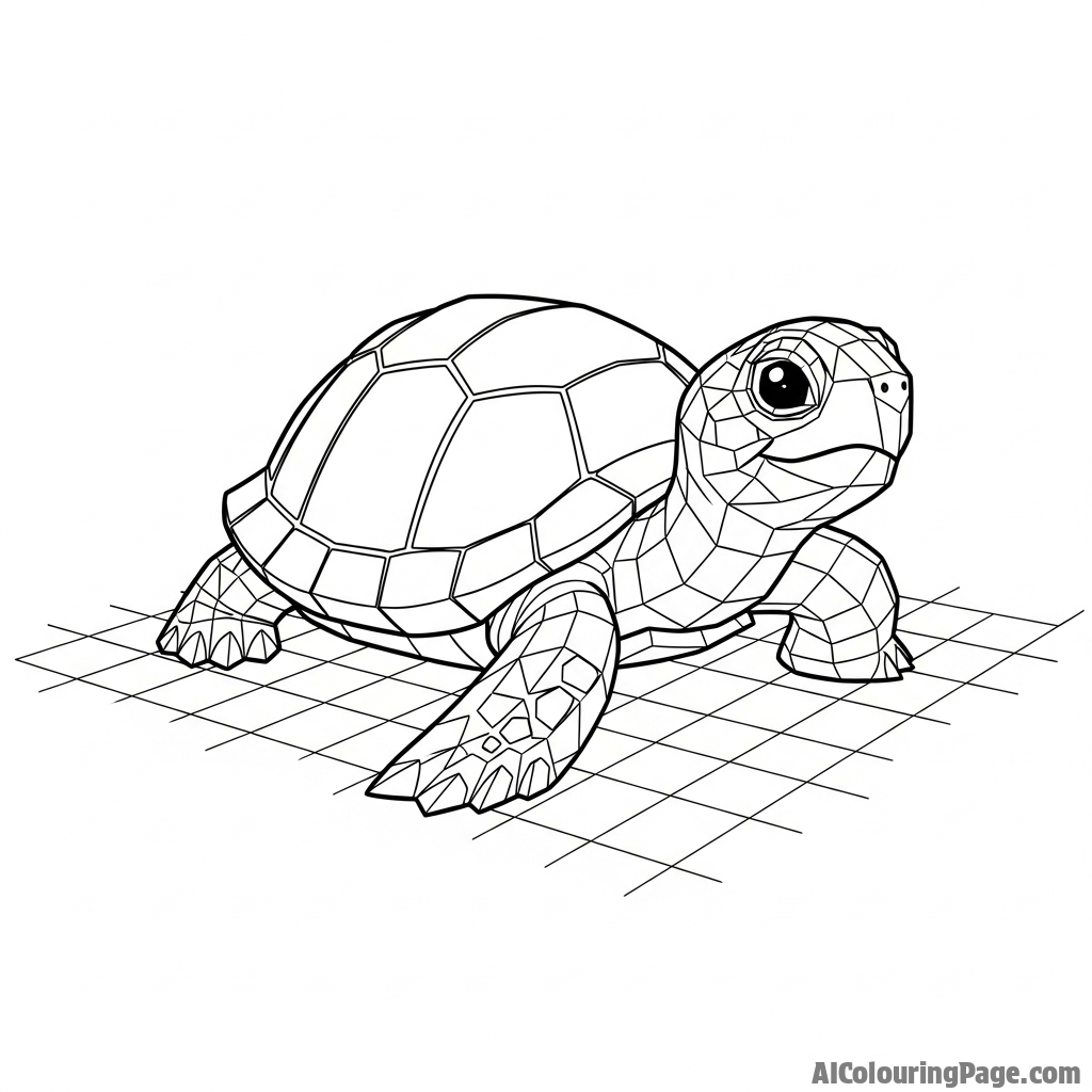A low-poly, digital art-style turtle on a grid plane.