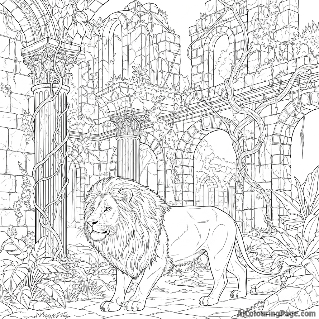 A lion navigating the overgrown ruins of an ancient, forgotten city.