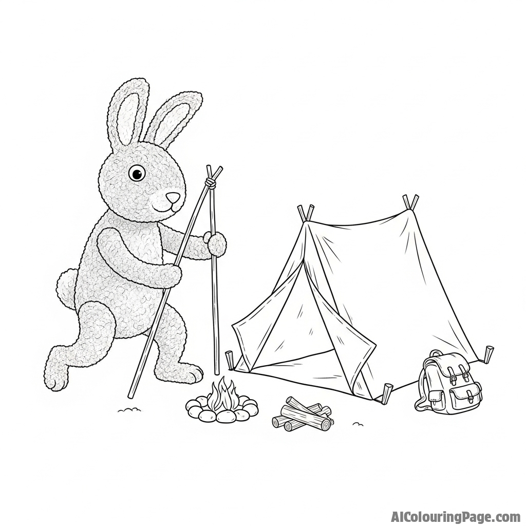 A stop-motion animation still of a felted wool bunny setting up a tiny canvas tent.