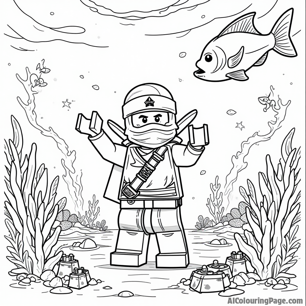 A Lego Ninjago underwater scene featuring a ninja exploring coral reefs, with colorful fish and treasure, promoting a sense of adventure and exploration for a fun coloring activity.