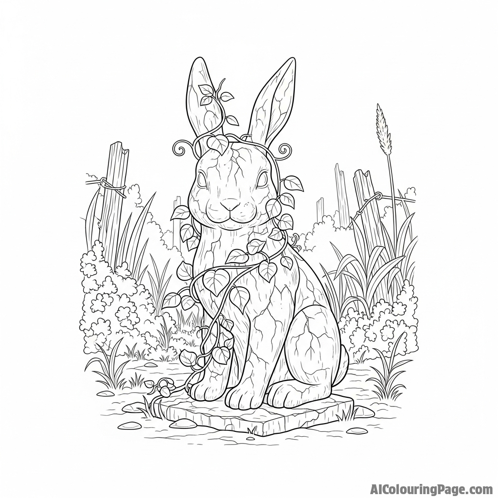 A stone statue of a bunny, weathered and covered in creeping vines, in a forgotten garden.