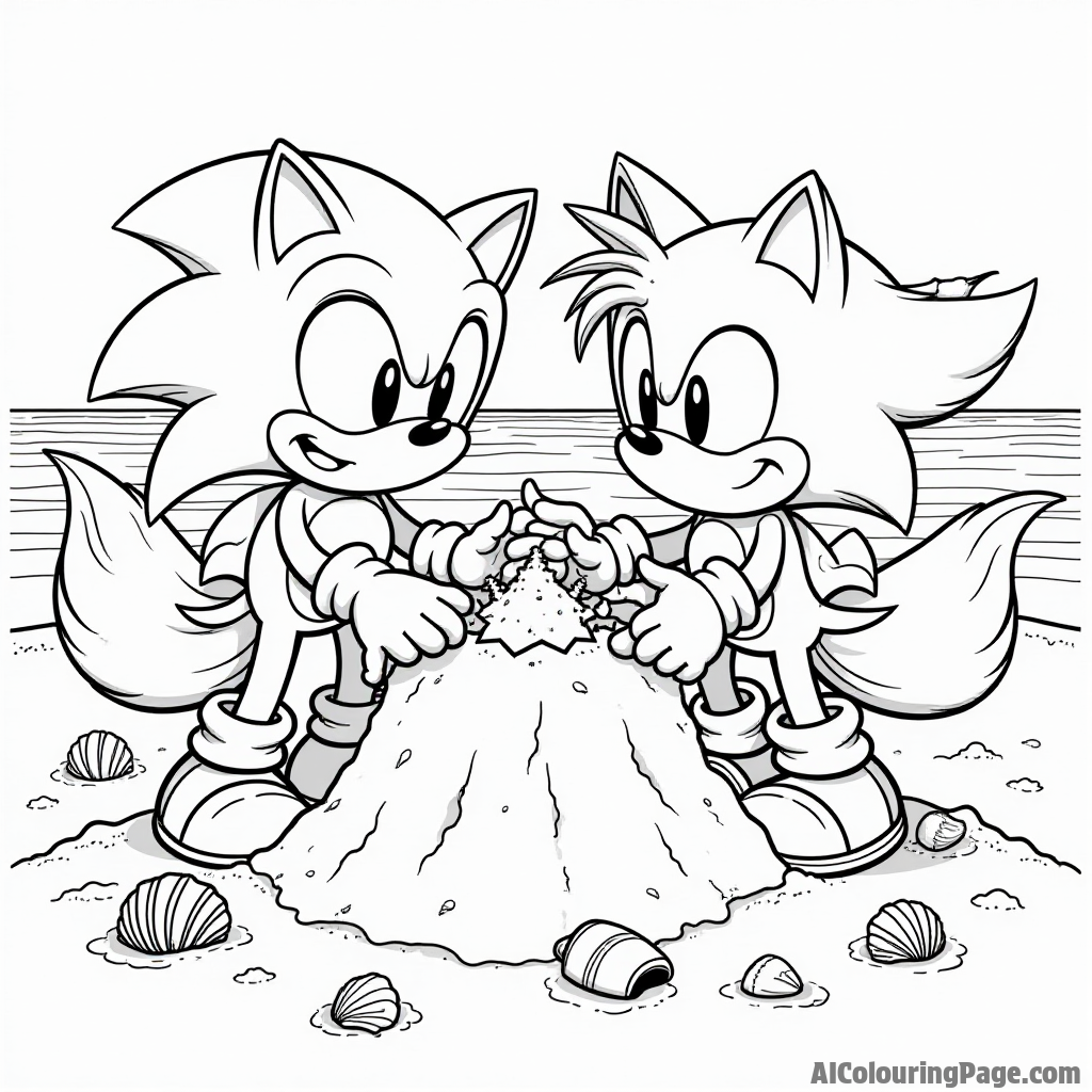 Sonic and Tails building a sandcastle at the beach, with seashells and beach toys scattered around for decoration.