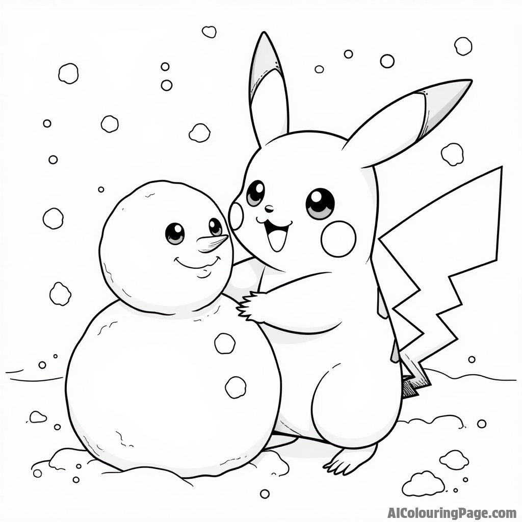 Pikachu building a snowman in winter with snowflakes falling and a cheerful smile