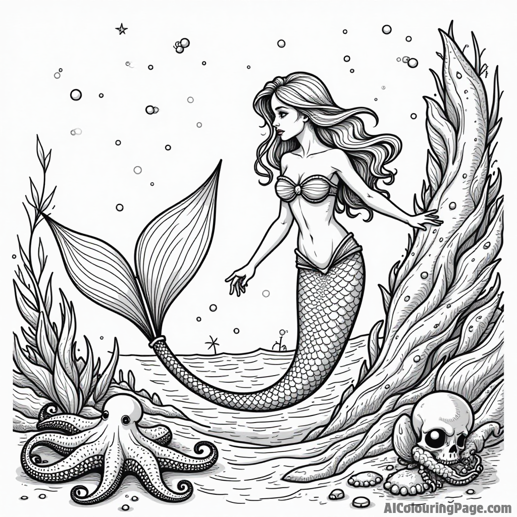 A curious mermaid discovering an ancient shipwreck with octopuses guarding its secrets and shimmering pearls scattered around.