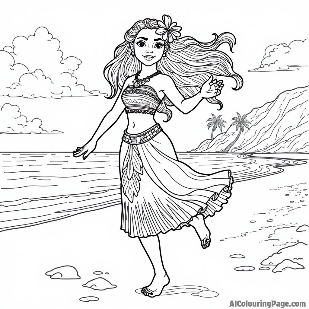 Moana dancing on the beach with tropical flowers in her hair and the sunset casting warm colors around her.