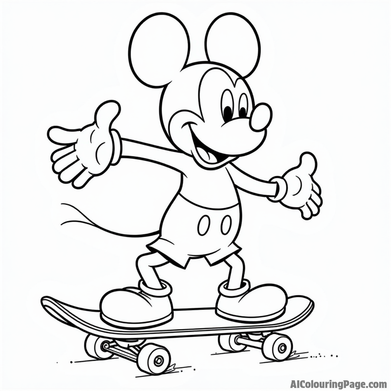 Mickey Mouse riding a skateboard