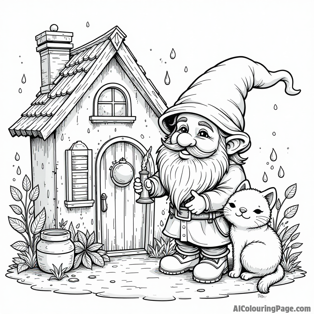 A gnome crafting magical potions in a cozy cottage filled with herbs, bottles, and a friendly cat lounging around.