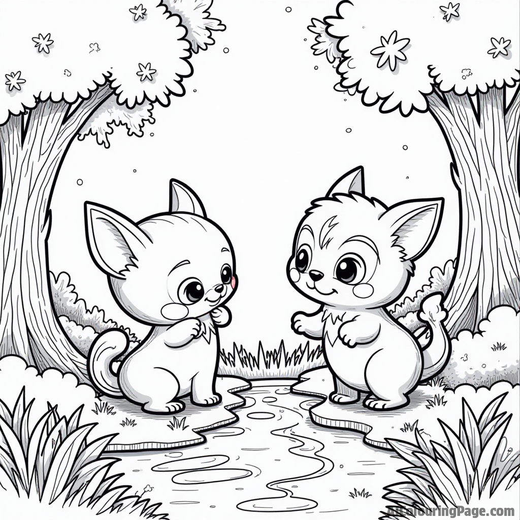 A Hatchimal exploring a magical forest with friendly creatures, featuring lush trees and sparkling streams, inviting children to color this enchanting scene in the Toys and Games Coloring Pages theme.