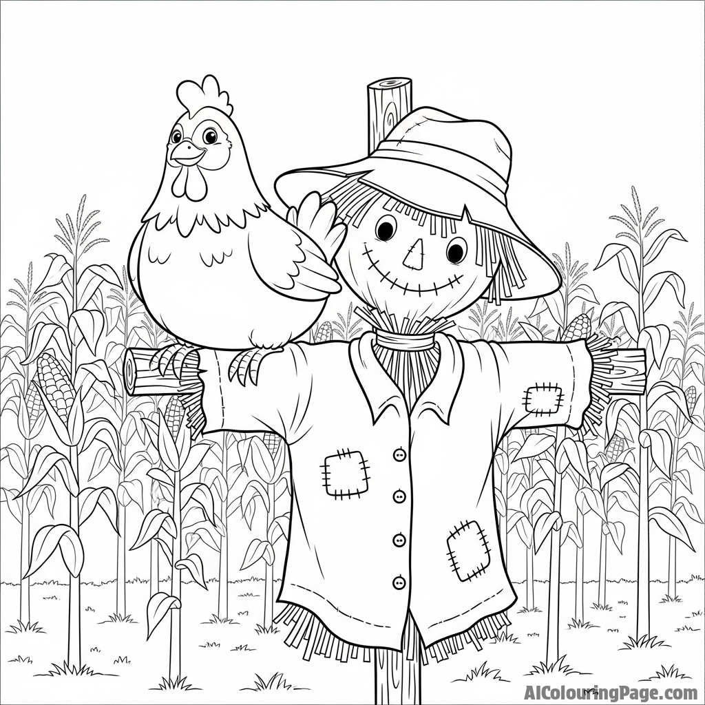 A chicken sitting on a scarecrow's shoulder in a cornfield.