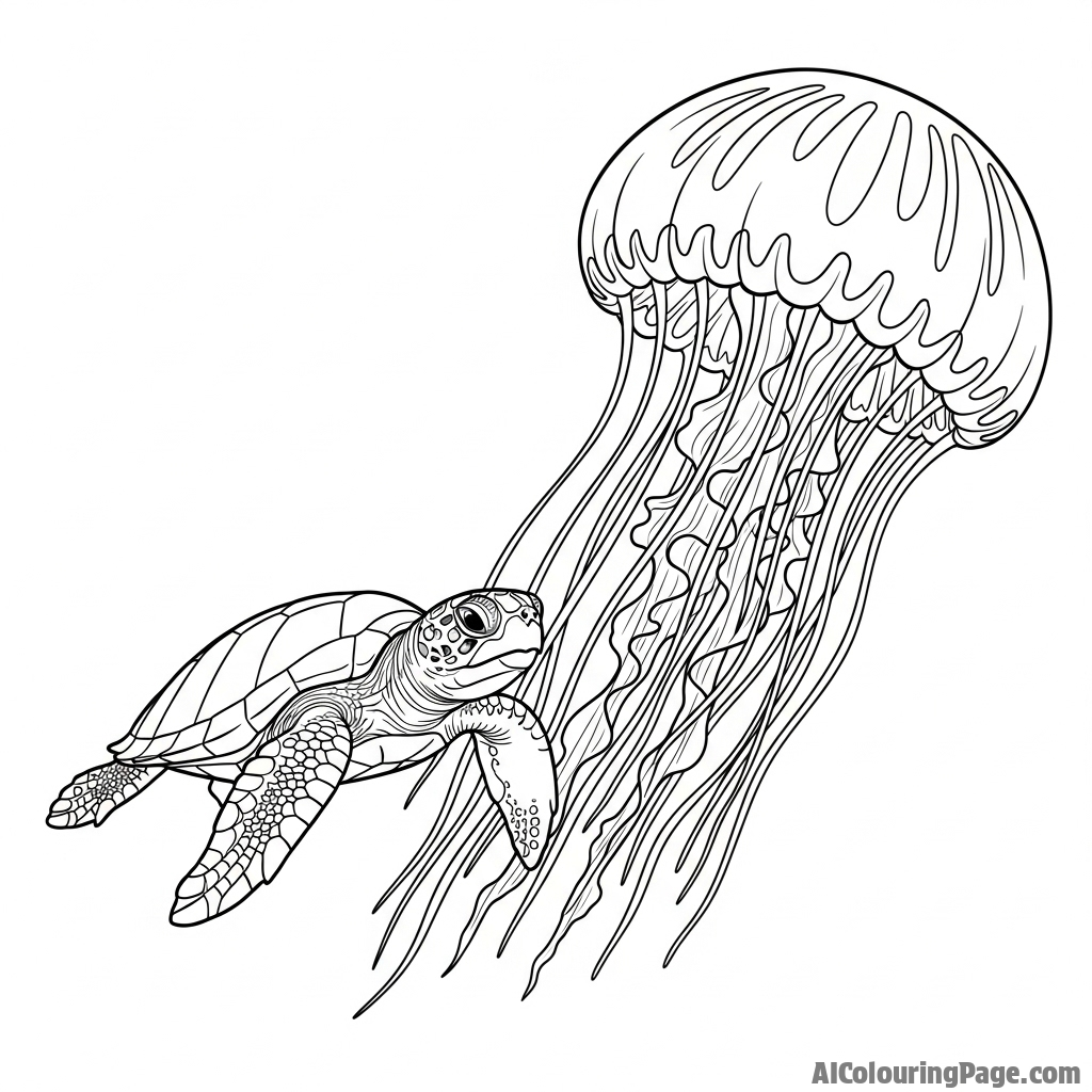 A turtle swimming alongside a giant jellyfish.