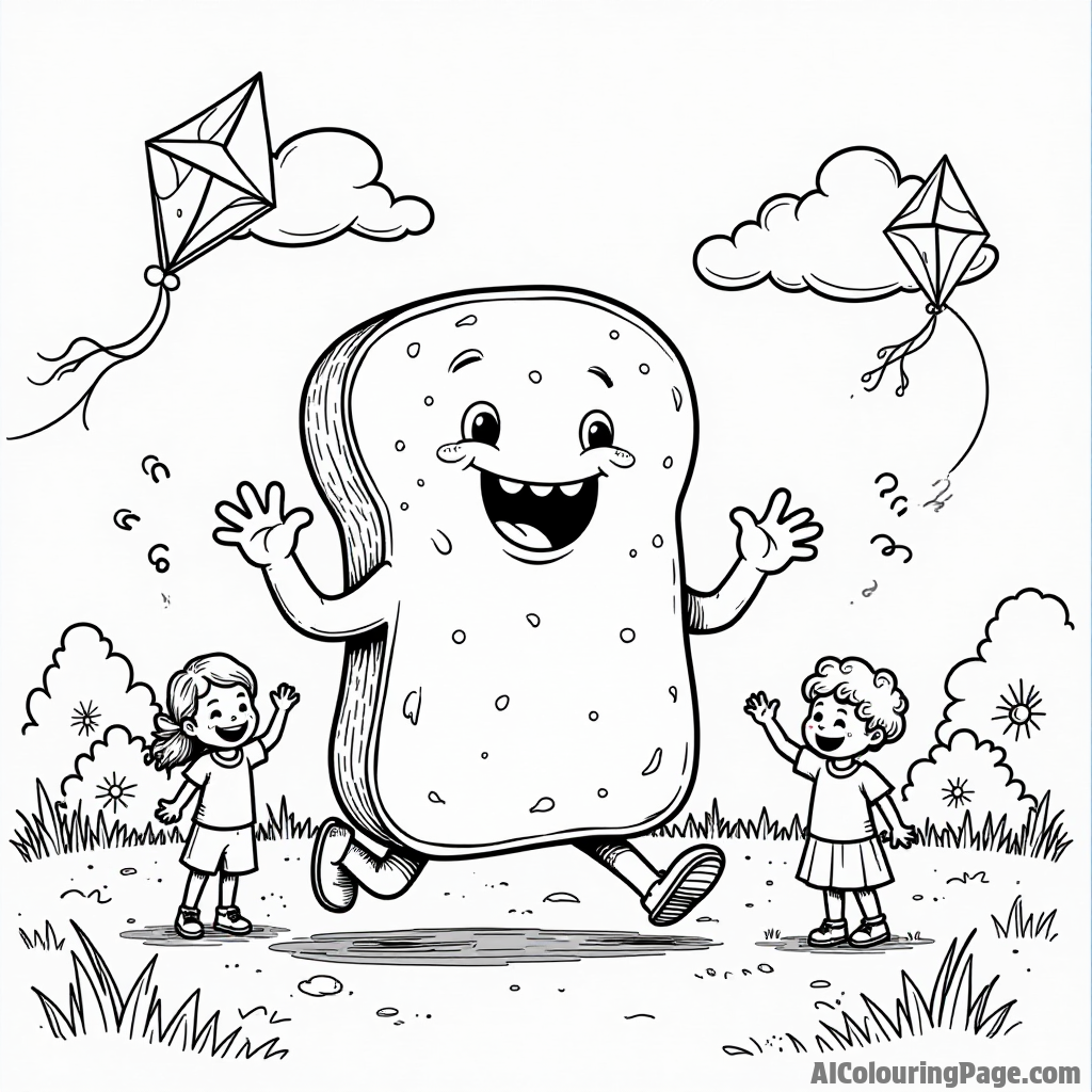 A friendly bread monster playing in a park, with children laughing and flying kites nearby on a sunny day.