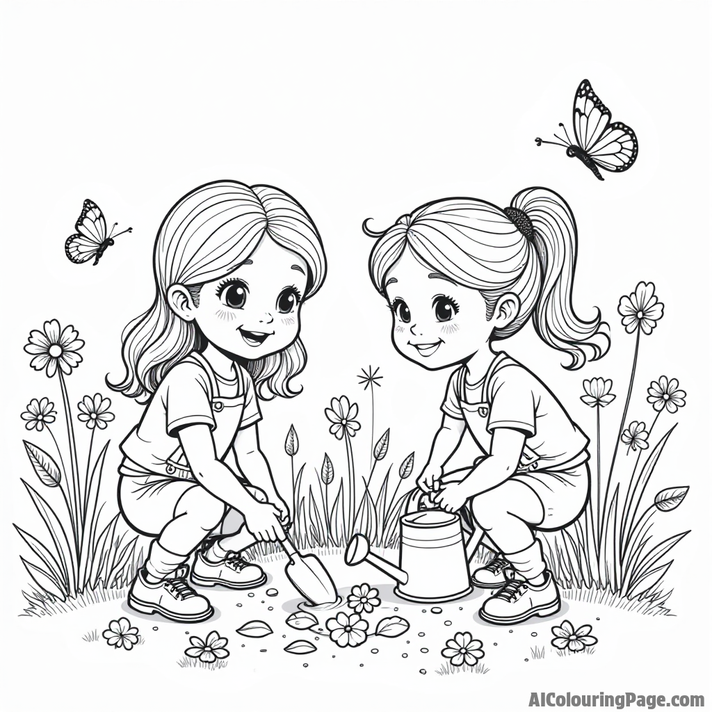 The girls planting flowers in a garden, with shovels, watering cans, and butterflies fluttering around them happily