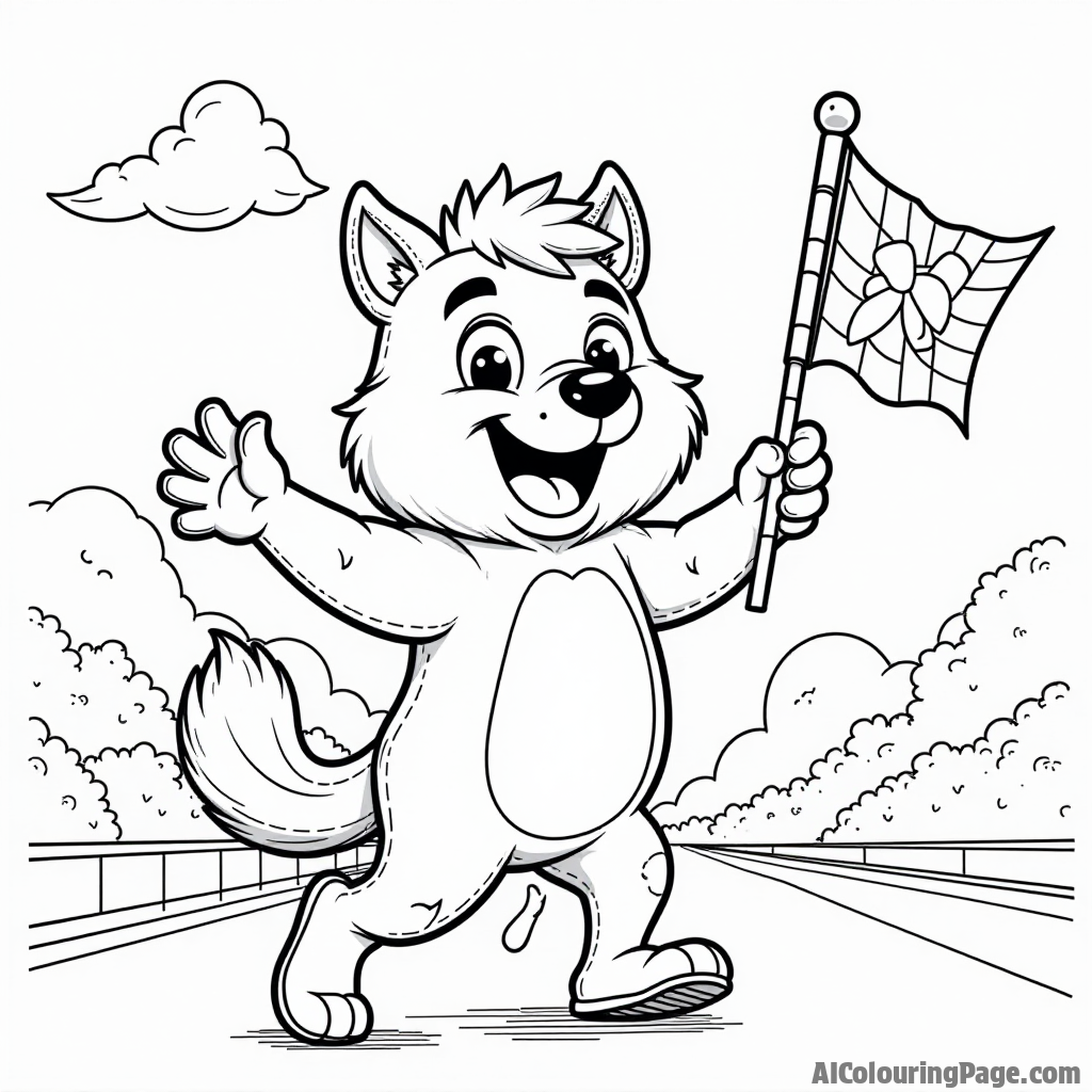 A cheerful mascot, like a cartoon animal, waving a checkered flag at the finish line, encouraging kids to celebrate their achievements in a fun coloring book page.