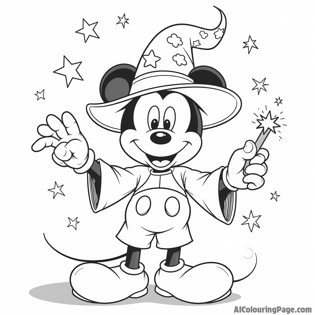 Mickey Mouse wearing a wizard hat, holding a magic wand, surrounded by sparkling stars in a whimsical night sky.