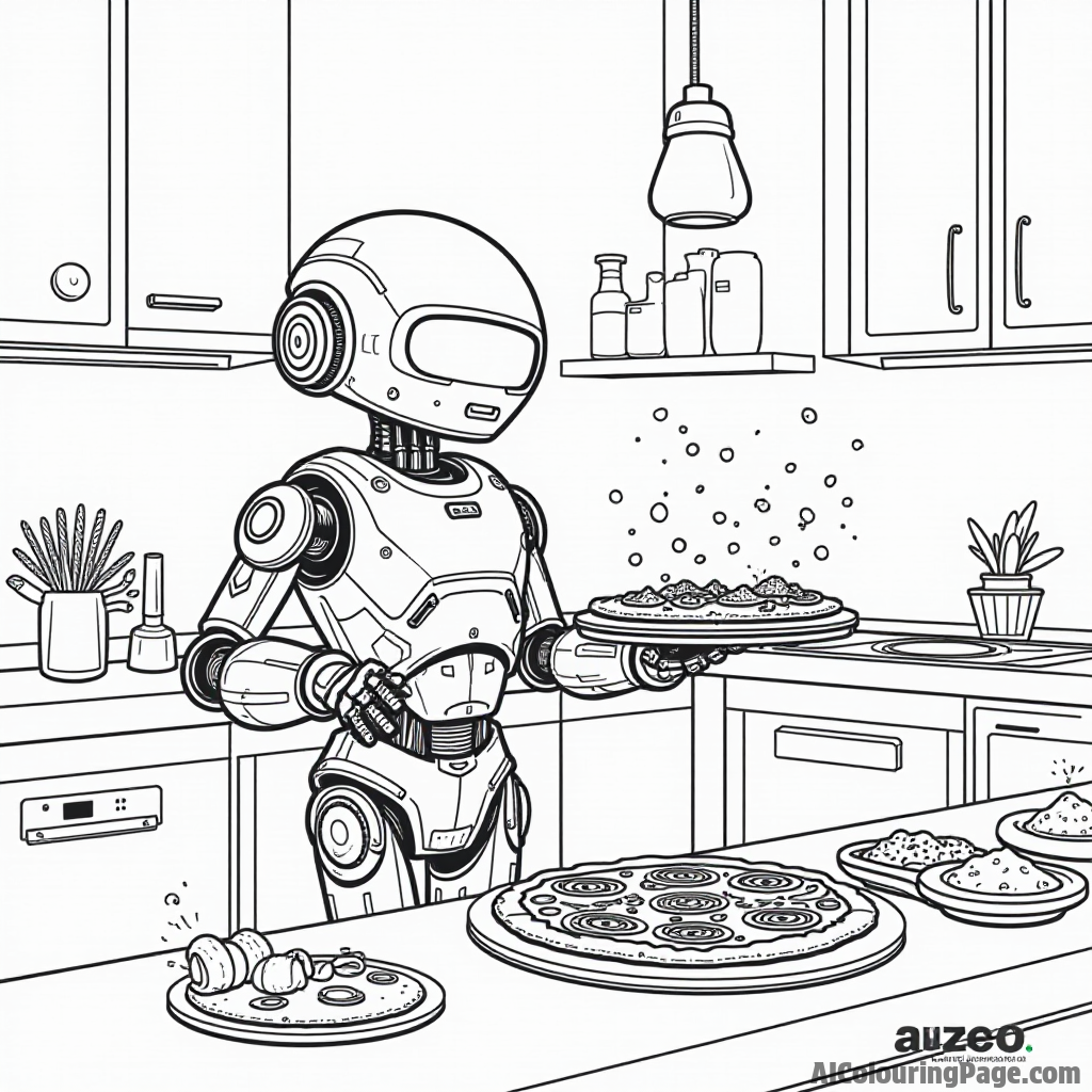 A fun pizza robot cooking a pizza in a futuristic kitchen, with gadgets and ingredients floating around, making it entertaining.