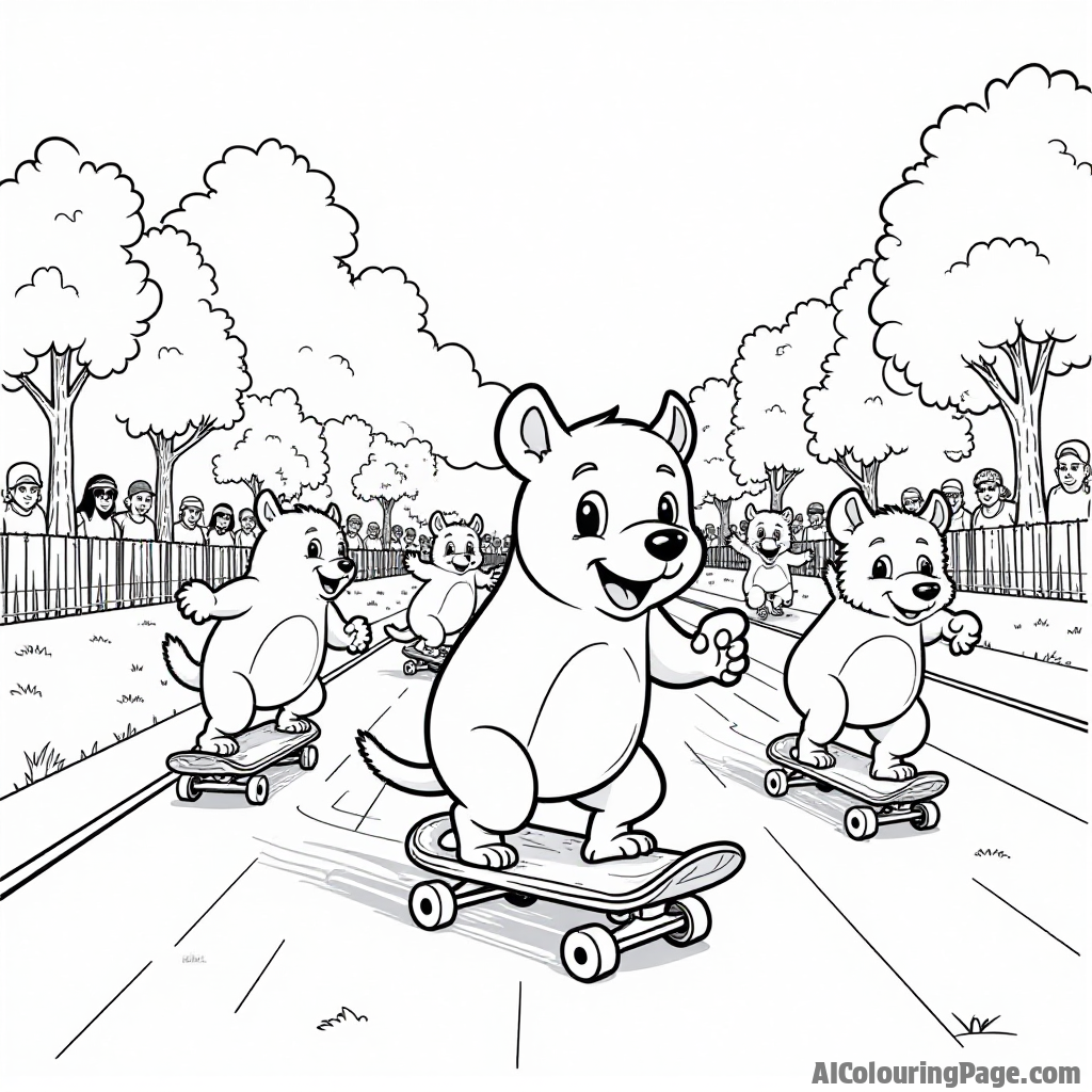 A group of animals having a skateboard race in a park, with a finish line and cheering friends, creating an exciting and dynamic scene for kids to color.