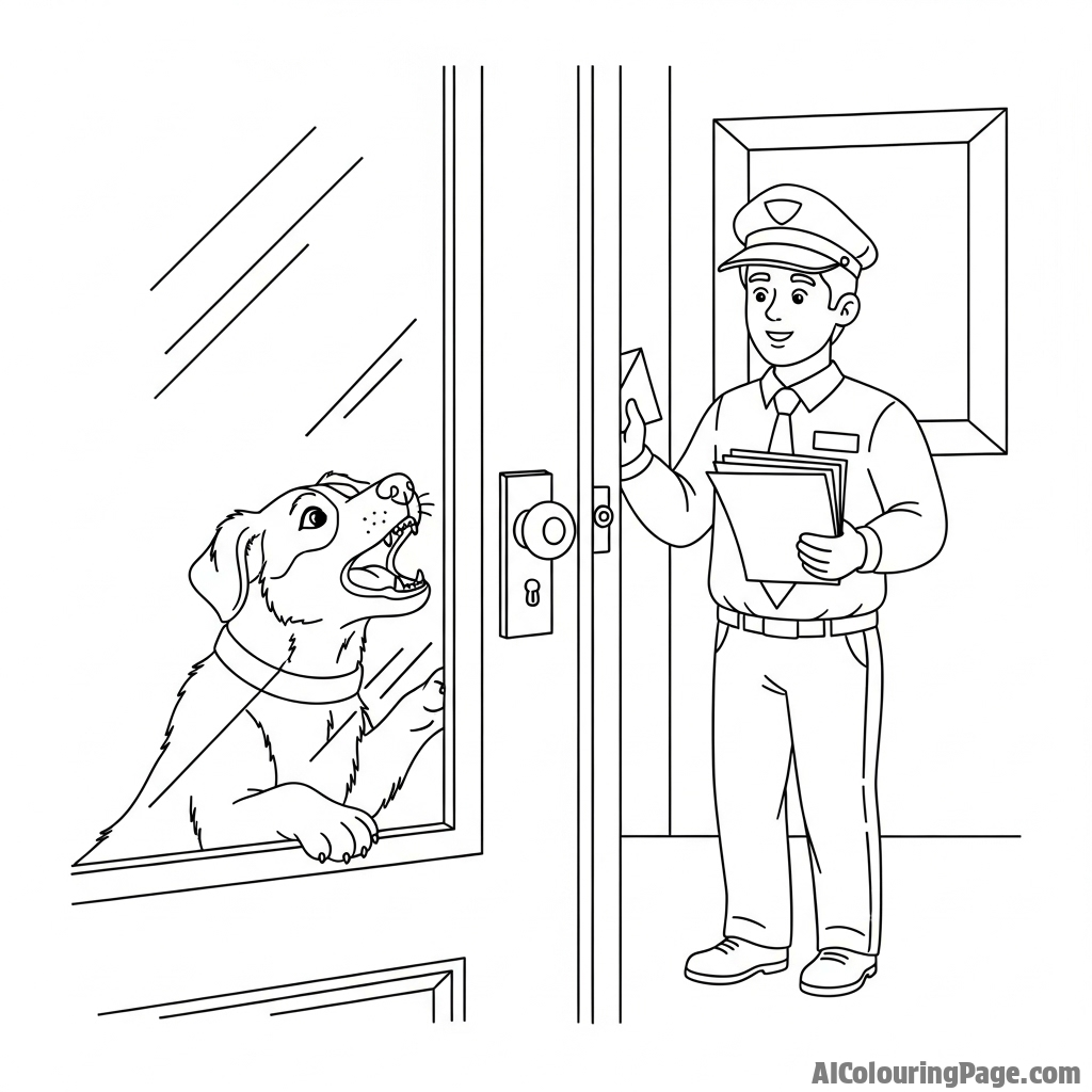 A dog barking at a mail carrier from behind a glass door.